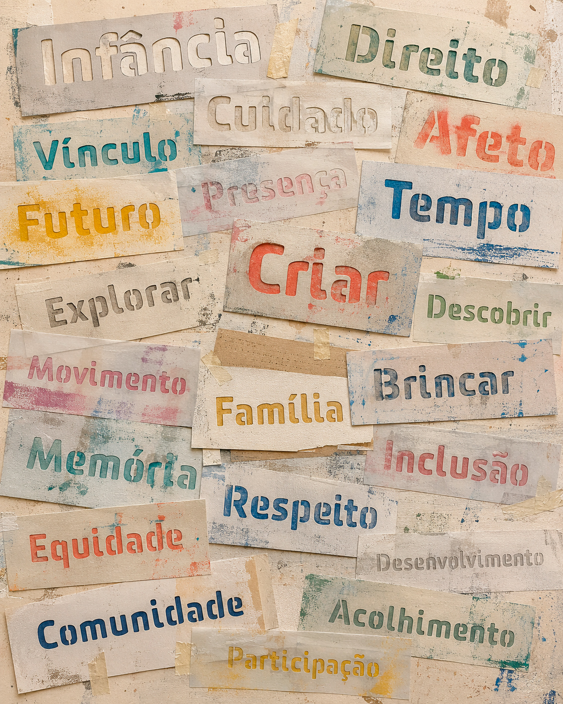 Imagem conceitual com uma colagem de cartazes de papel trazendo palavras de afeto e cidadania carimbadas em várias cores, como Infância, Direito, Vínculo, Criar, Brincar, etc.