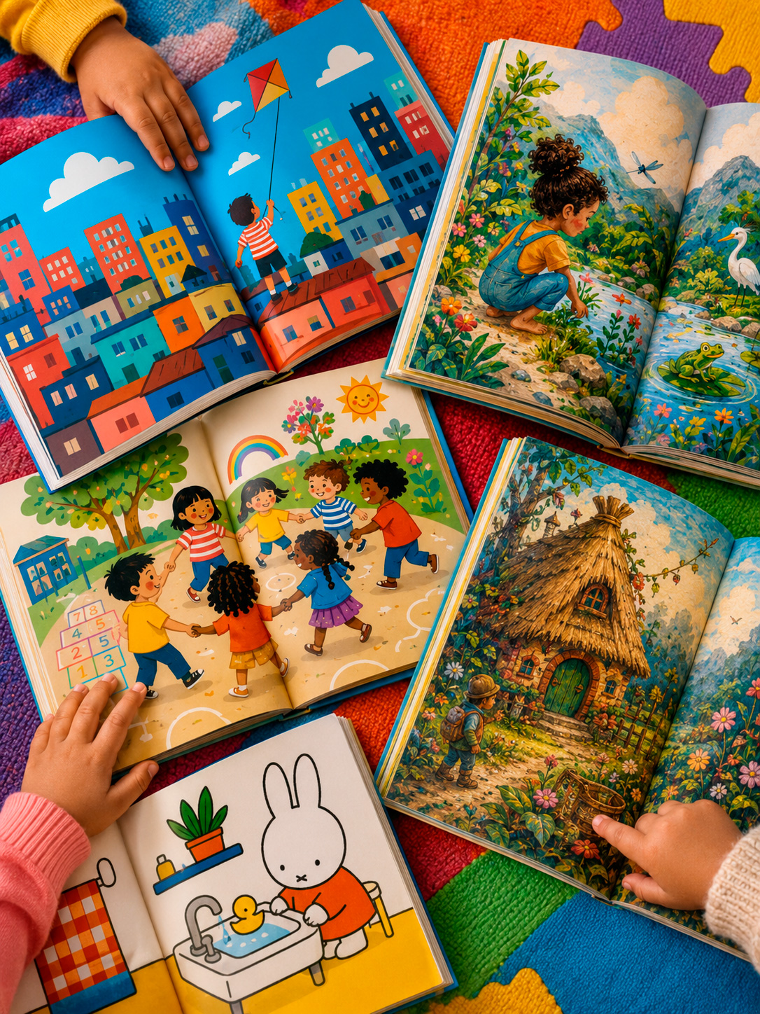 Imagem conceitual com vários livros infantis abertos e espalhados sobre um tapete colorido. Mãos de crianças apontam para as páginas ilustradas, que mostram cenas de contos, brincadeiras e cidades.