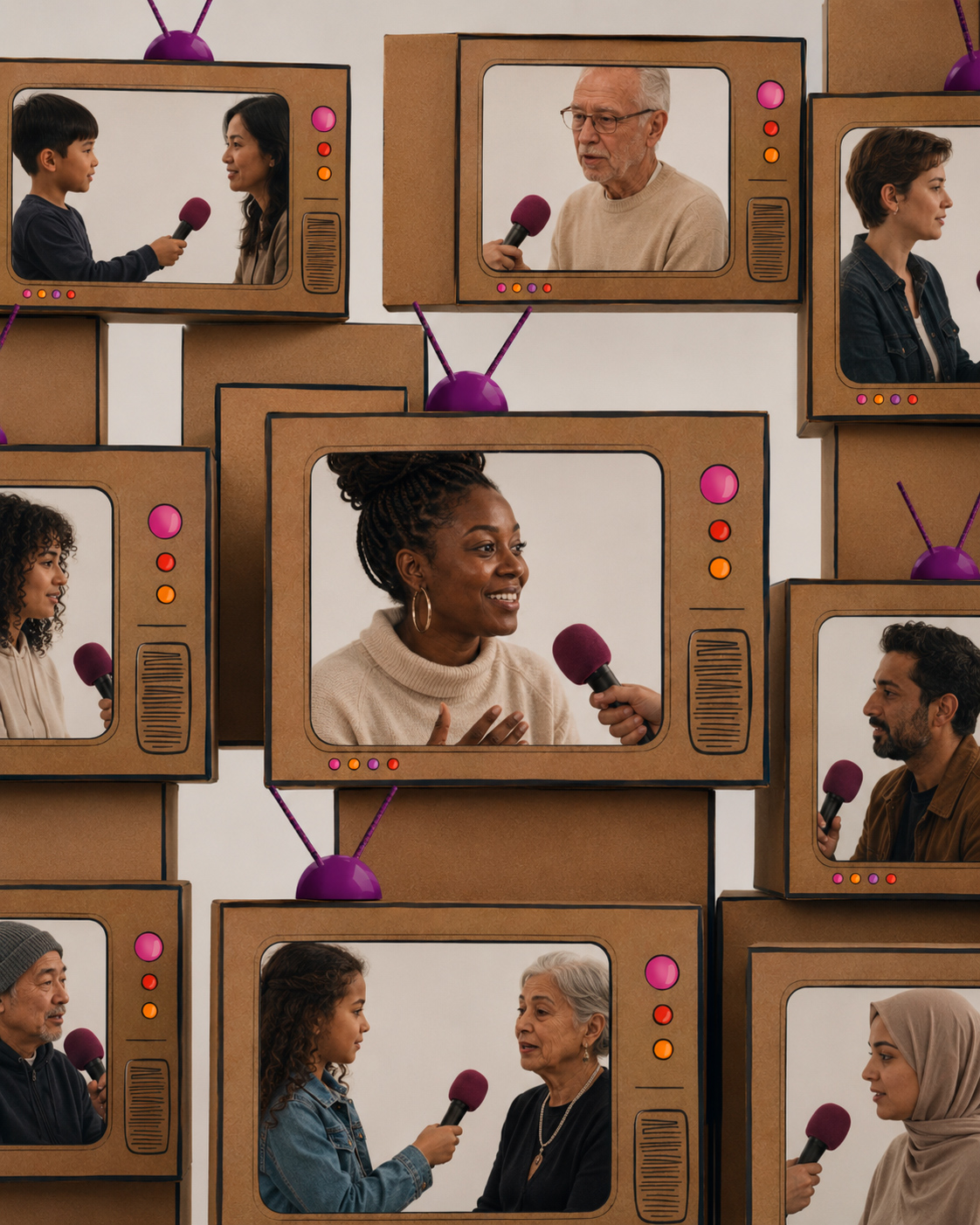 Imagem conceitual com uma pilha de televisores de papelão. Em cada tela, aparecem pessoas de diferentes idades e etnias conversando e segurando microfones, simulando entrevistas.