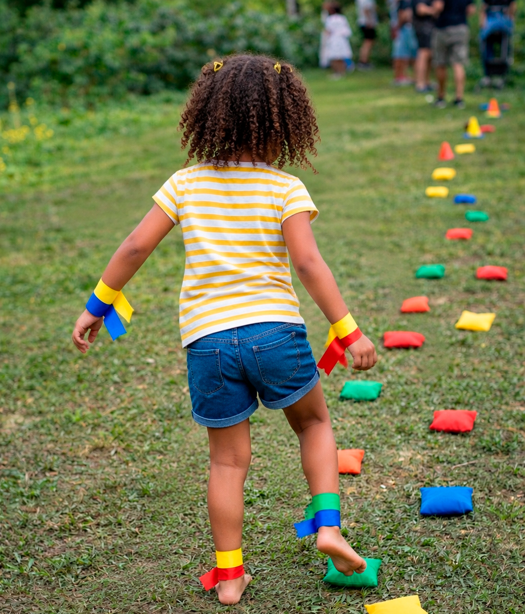Imagem conceitual de uma menina descalça de costas caminhando sobre um percurso de saquinhos coloridos espalhados na grama, com fitas amarradas nos pulsos e tornozelos.