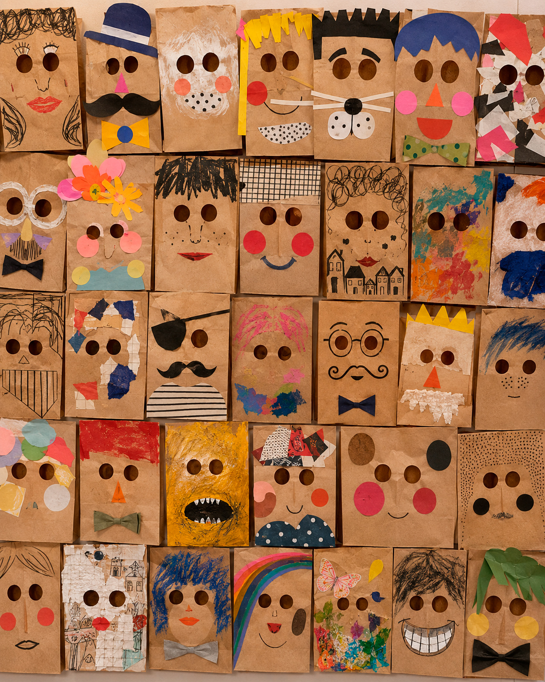 Imagem conceitual com um grande painel feito de sacos de papel pardo decorados como máscaras de rostos diversos, usando colagens, desenhos e expressões coloridas.